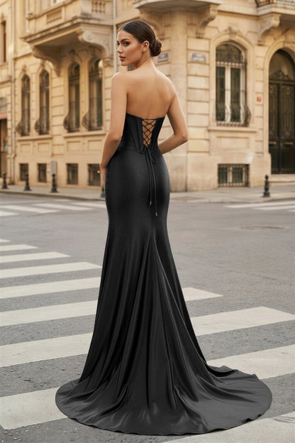 Dark Green Strapless Sheath Satin Long Prom Dress With Split