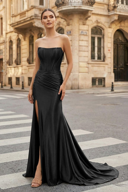 Dark Green Strapless Sheath Satin Long Prom Dress With Split