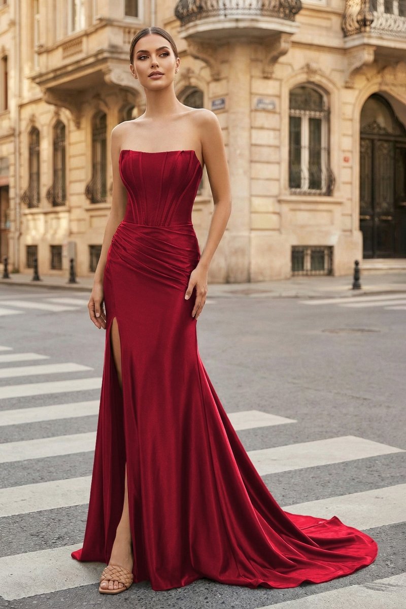 Dark Green Strapless Sheath Satin Long Prom Dress With Split