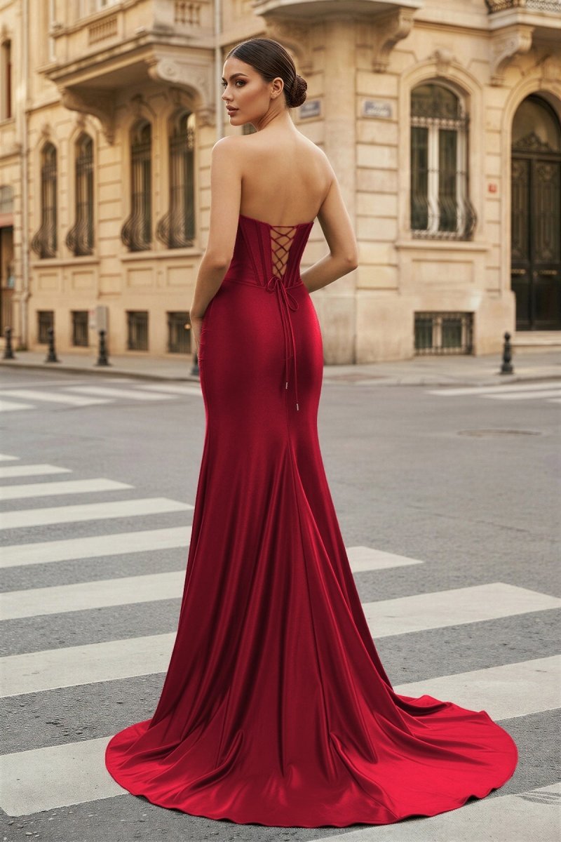 Dark Green Strapless Sheath Satin Long Prom Dress With Split