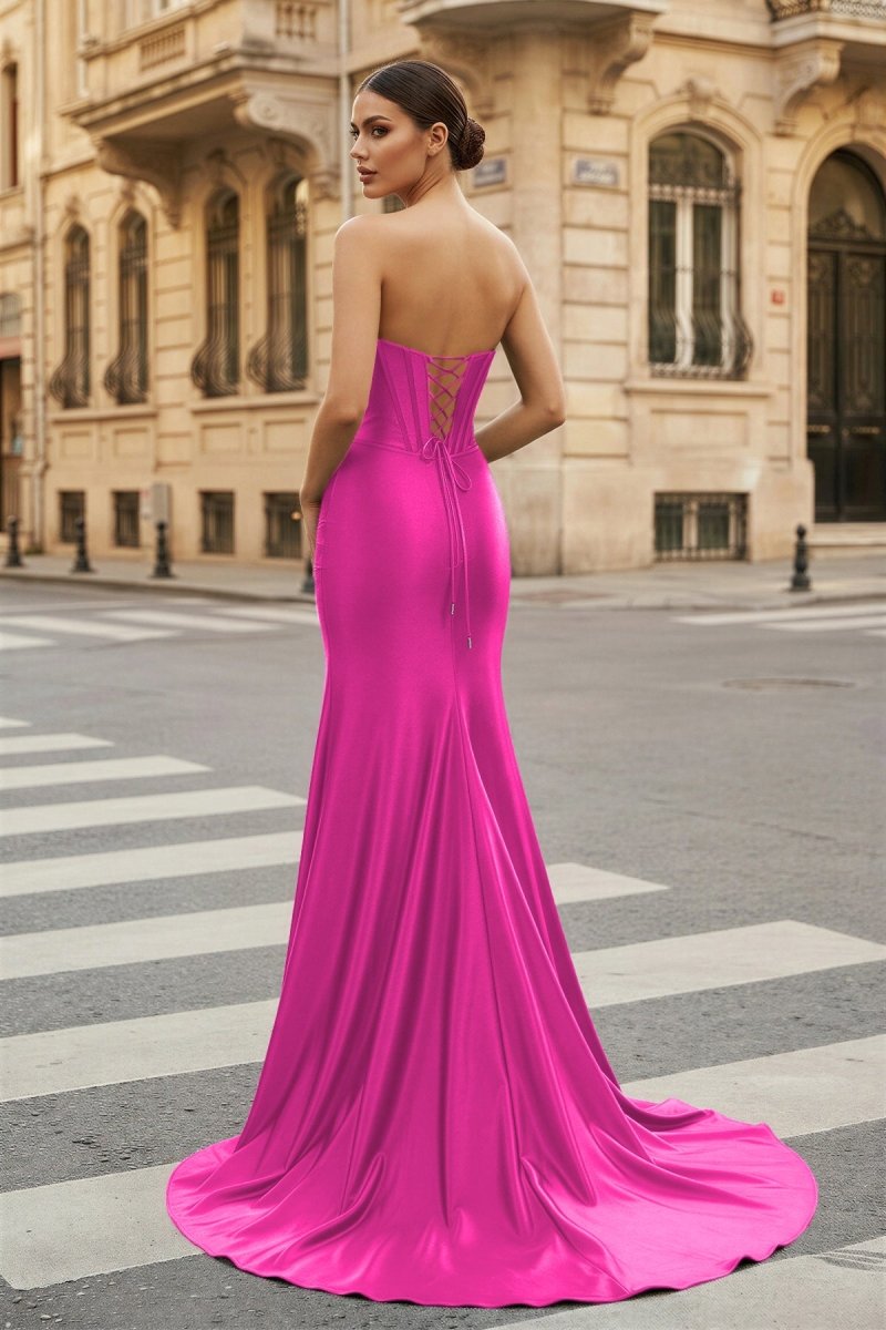 Dark Green Strapless Sheath Satin Long Prom Dress With Split