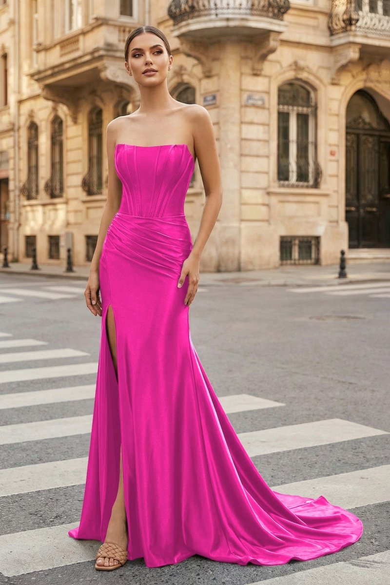 Dark Green Strapless Sheath Satin Long Prom Dress With Split