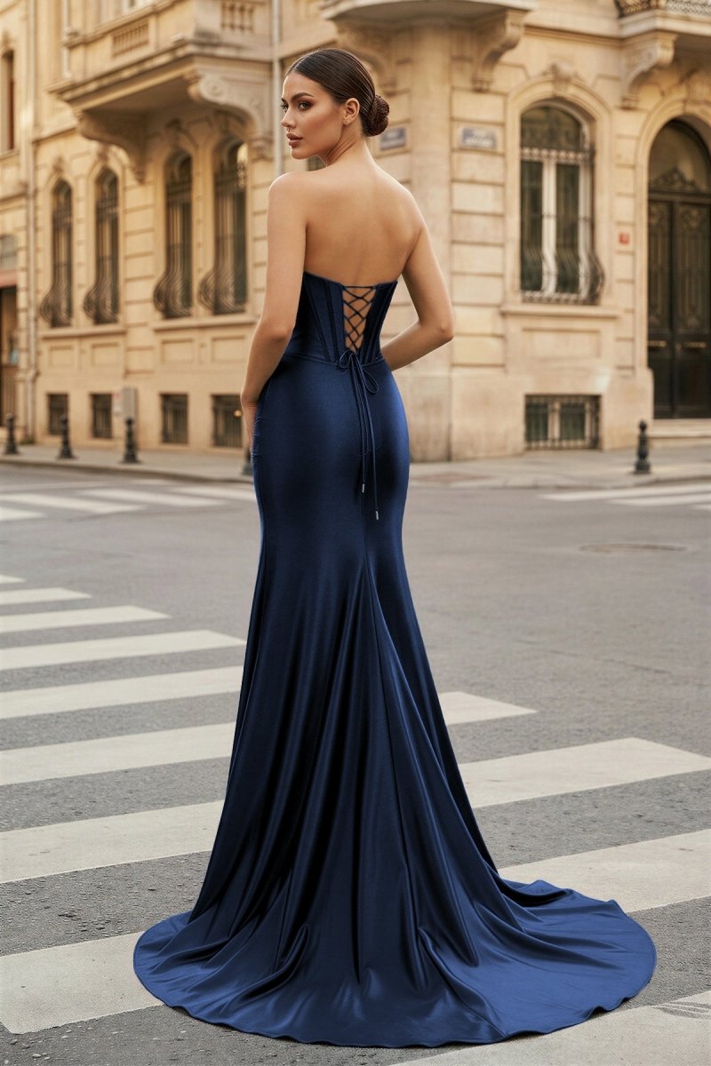 Dark Green Strapless Sheath Satin Long Prom Dress With Split