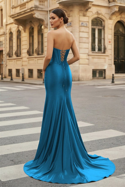 Dark Green Strapless Sheath Satin Long Prom Dress With Split