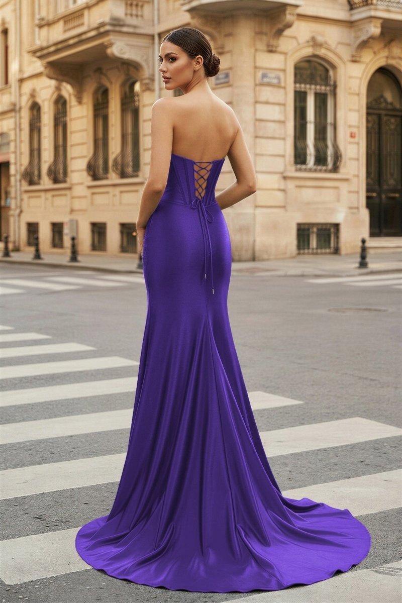 Dark Green Strapless Sheath Satin Long Prom Dress With Split