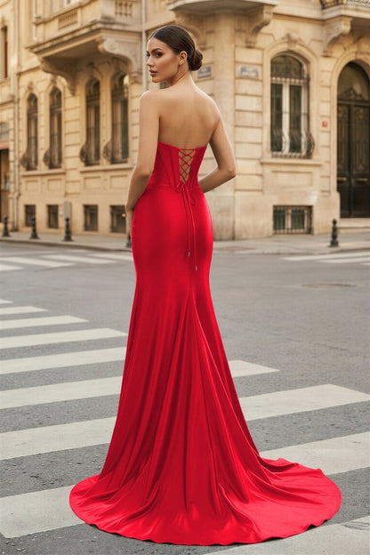 Dark Green Strapless Sheath Satin Long Prom Dress With Split