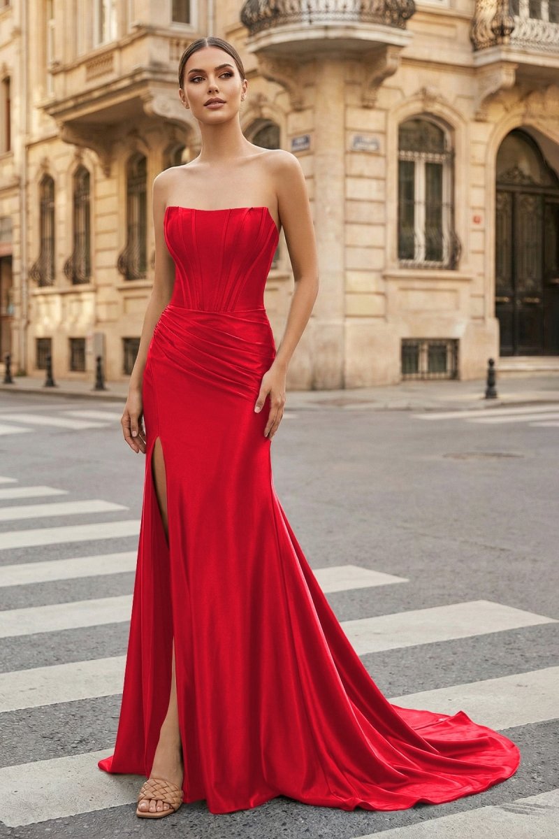 Dark Green Strapless Sheath Satin Long Prom Dress With Split