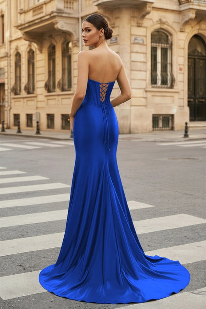 Dark Green Strapless Sheath Satin Long Prom Dress With Split