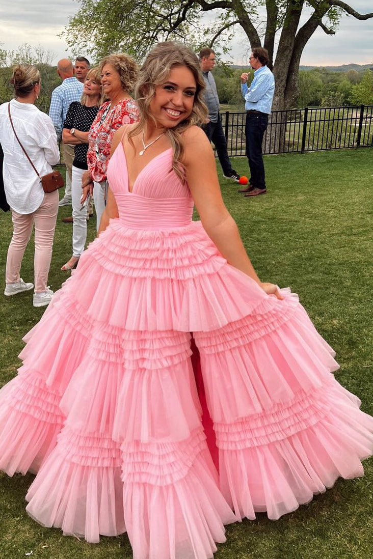 Light Blue Tiered Ruffle Long Ball Gown with Straps