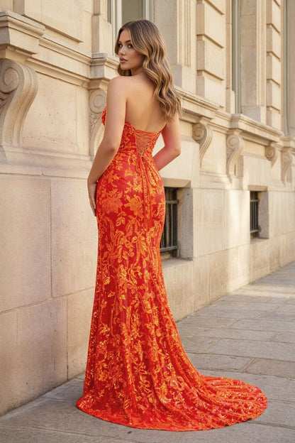 Fuchsia Strapless Sequins Lace Mermaid Prom Dresses with Slit
