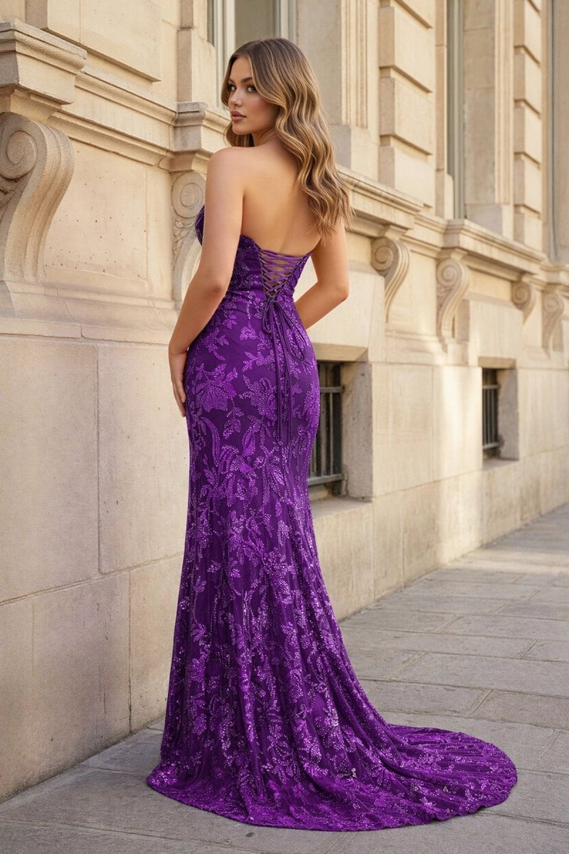 Fuchsia Strapless Sequins Lace Mermaid Prom Dresses with Slit