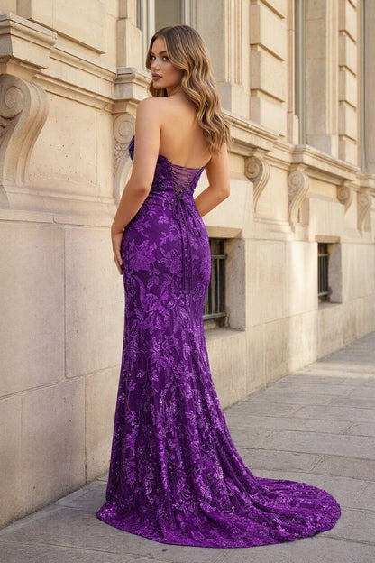 Fuchsia Strapless Sequins Lace Mermaid Prom Dresses with Slit