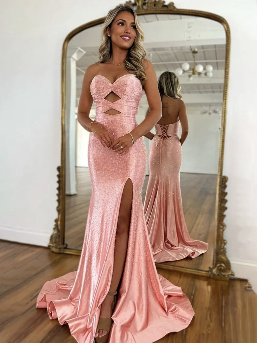 Glitter Mermaid Yellow Sweetheart Cut-out Long Prom Dress with Beading