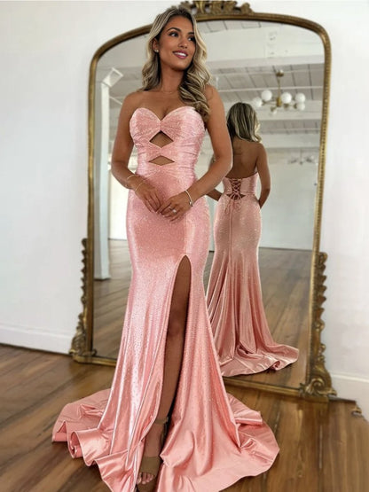 Glitter Mermaid Yellow Sweetheart Cut-out Long Prom Dress with Beading