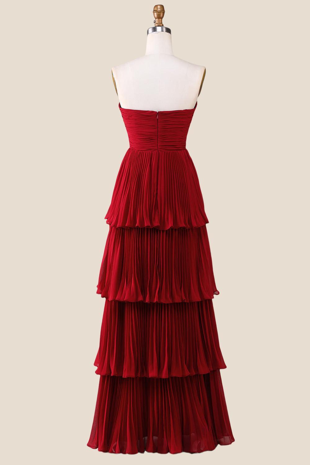 Strapless Burgundy Pleated Tiered Long Party Dress