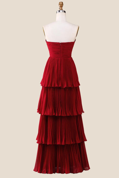 Strapless Burgundy Pleated Tiered Long Party Dress