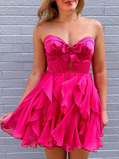 Fuchsia - Strapless A Line Chiffon Ruffled Homecoming Dress With Bow
