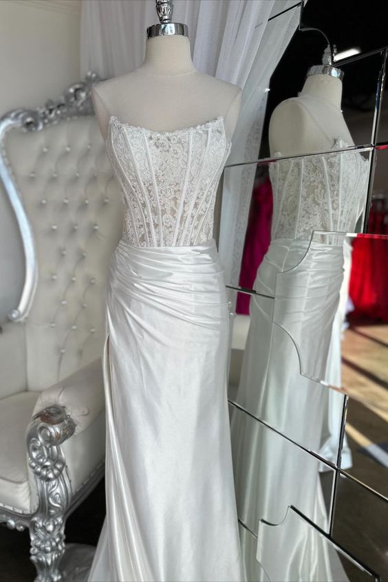 Strapless Fuchsia Lace Mermaid Formal Dress
