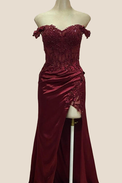 Lace Off the Shoulder Green Satin Mermaid Dress