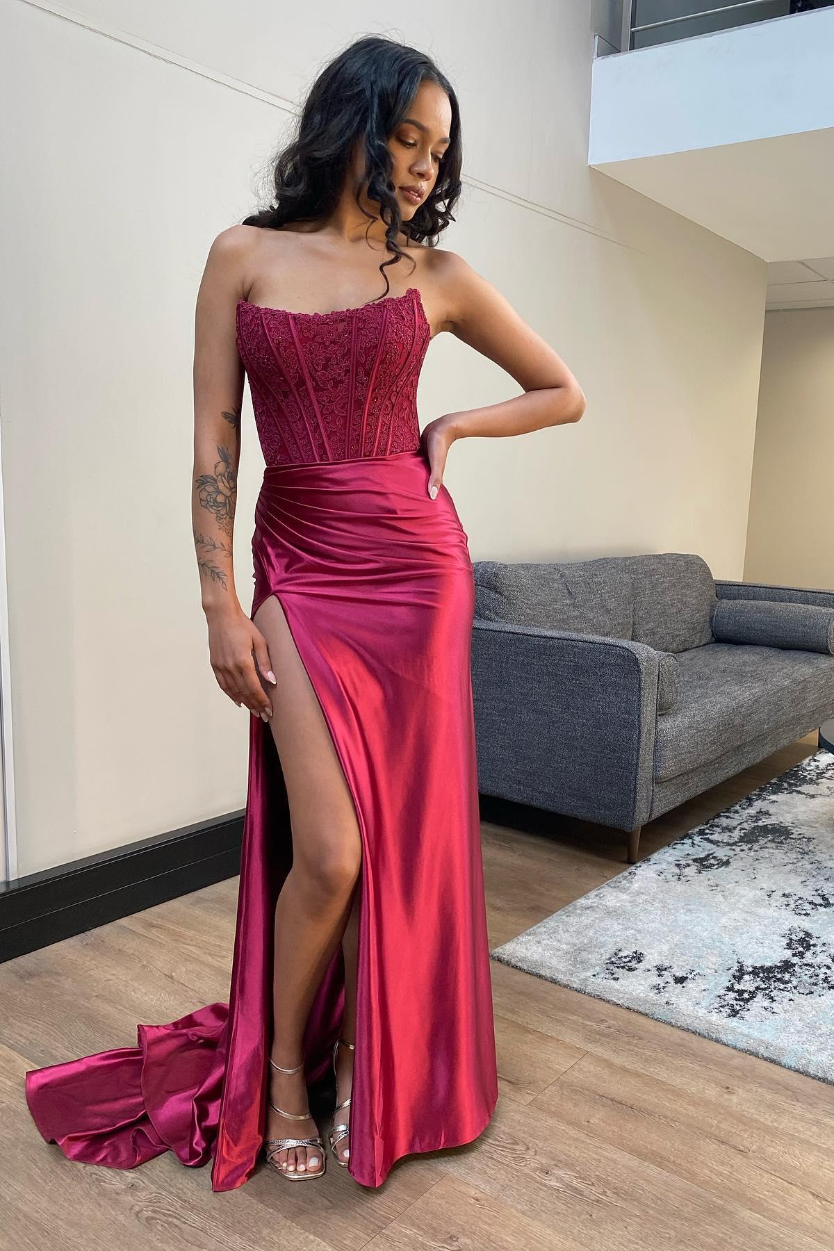Strapless Fuchsia Lace Mermaid Formal Dress