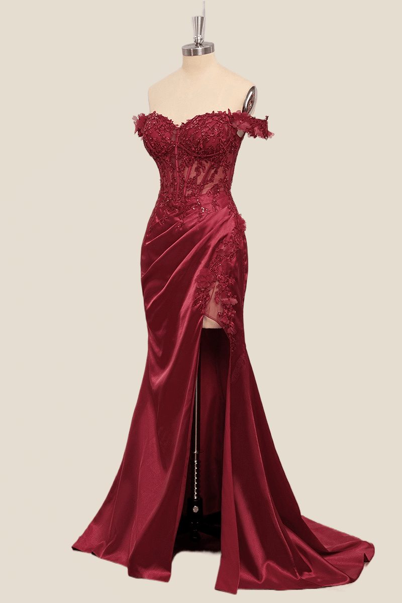 Lace Off the Shoulder Black Satin Mermaid Dress