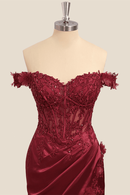 Lace Off the Shoulder Black Satin Mermaid Dress