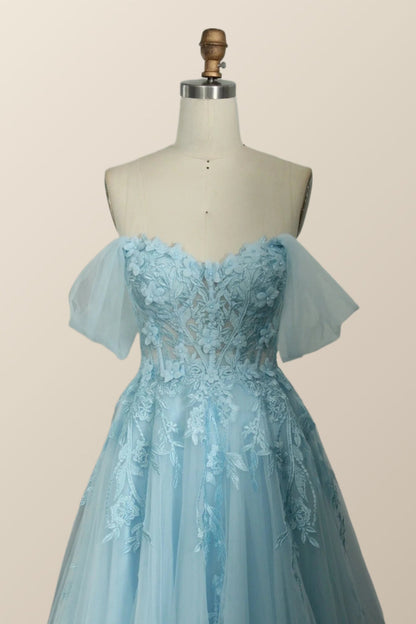 Light Blue Floral Embroidery Strapless A-line Formal Dress